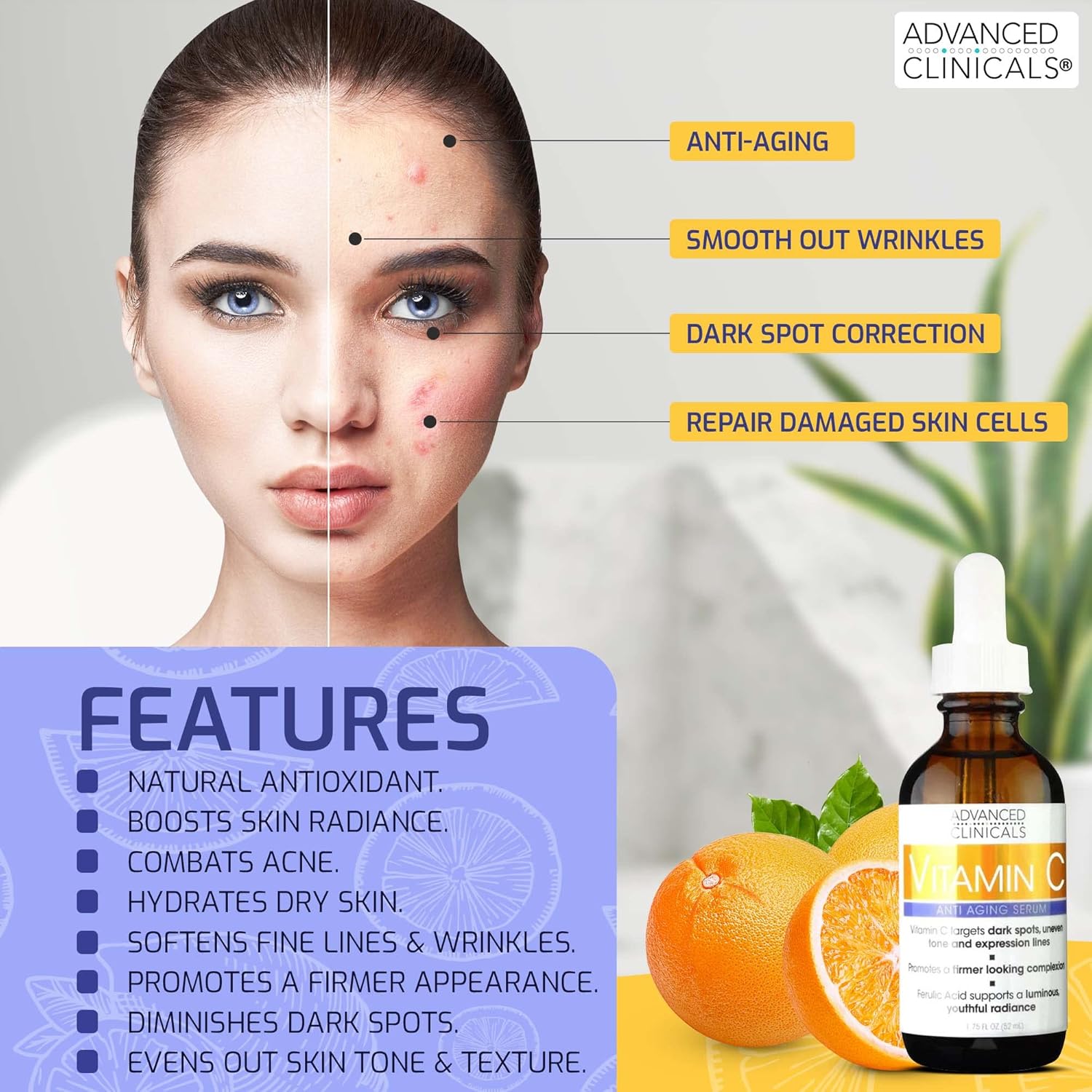 Advanced Clinicals Vitamin C + Ferulic Acid, Antioxidant Glow Facial Mist 237 ml